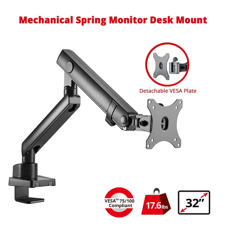 SIIG Aluminum Mechanical Single Monitor Arm Mount - Height Adjustable Desk Mount for 17in to 32in Screens - 17.6lbs Max VESA 75x75mm 100x100mm, Black - Image 2